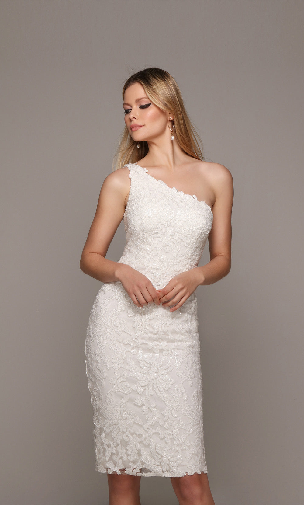 Alyce Paris 70029 신부 한 어깨 쉬미/반짝이는 스트레이트 드레스