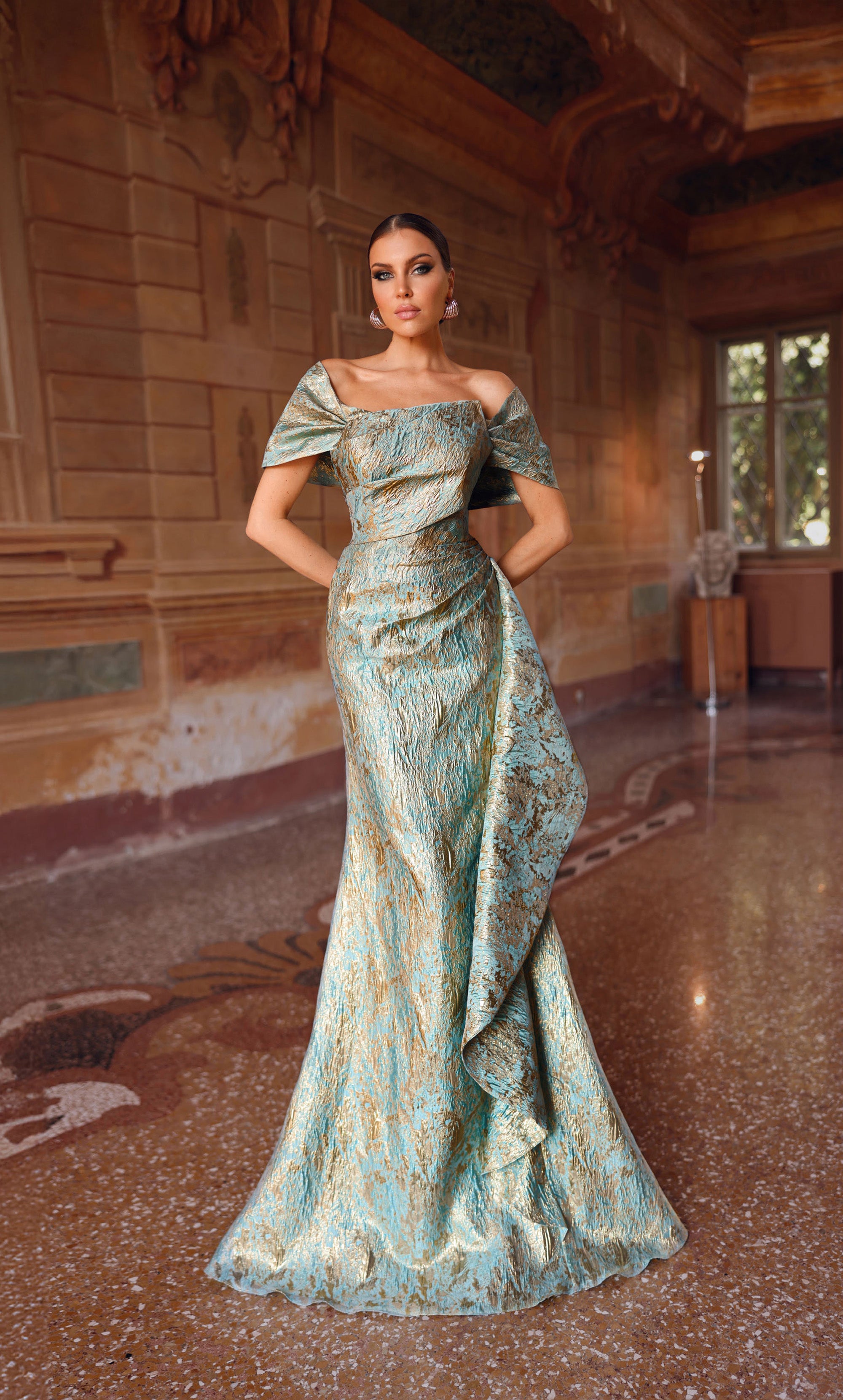 Formal Dress: 27750. Long, Off The Shoulder, Fit N Flare Formal Dress: 27750. Long, Off The Shoulder, Fit N Flare