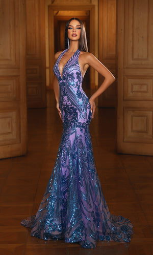 Formal Dress: 61630. Long, Halter Neckline, Mermaid, Open Back