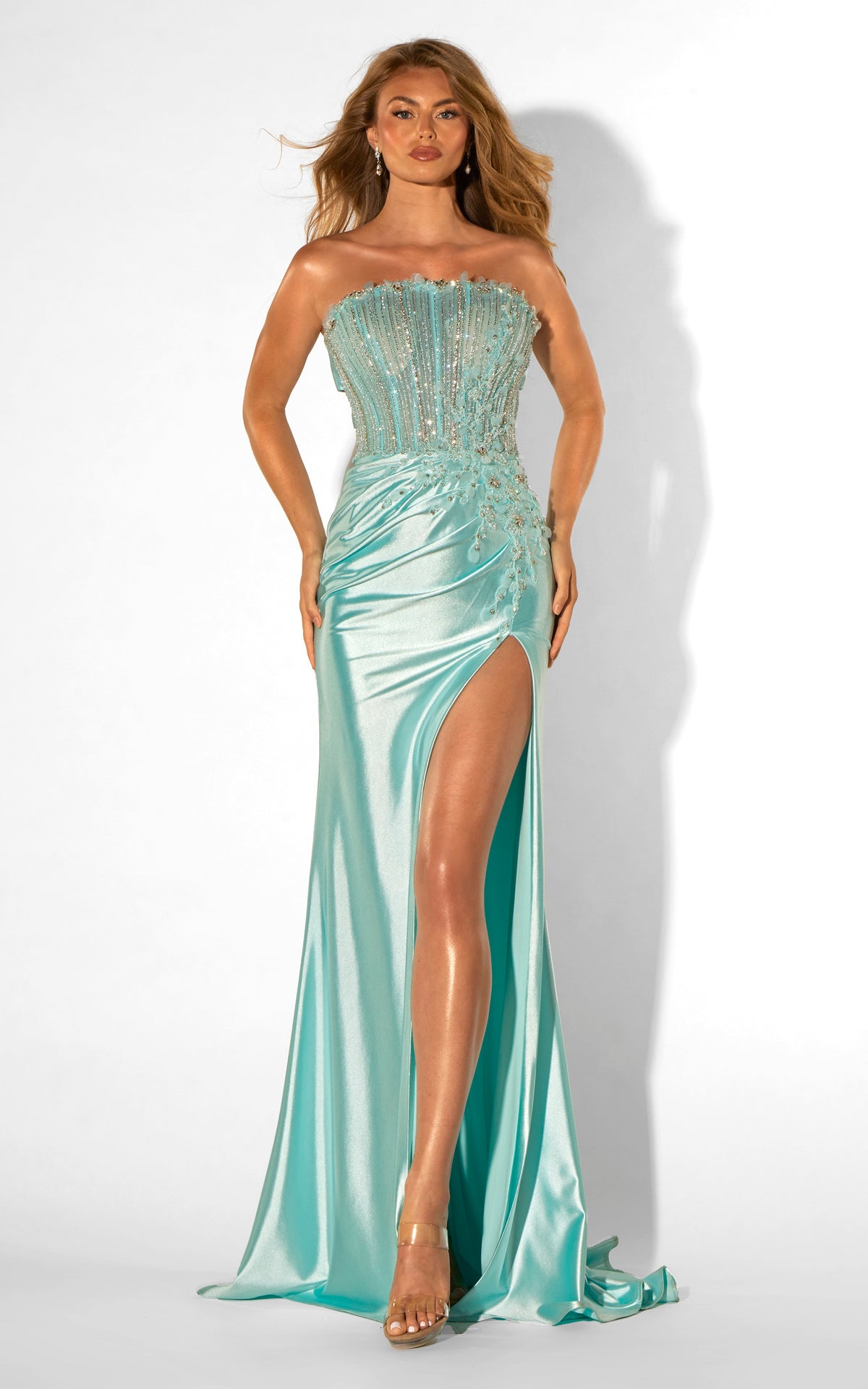 ALYCE Paris 62359 Alyce Long Straight Across Neckline Illusion Fit N Flare Dress