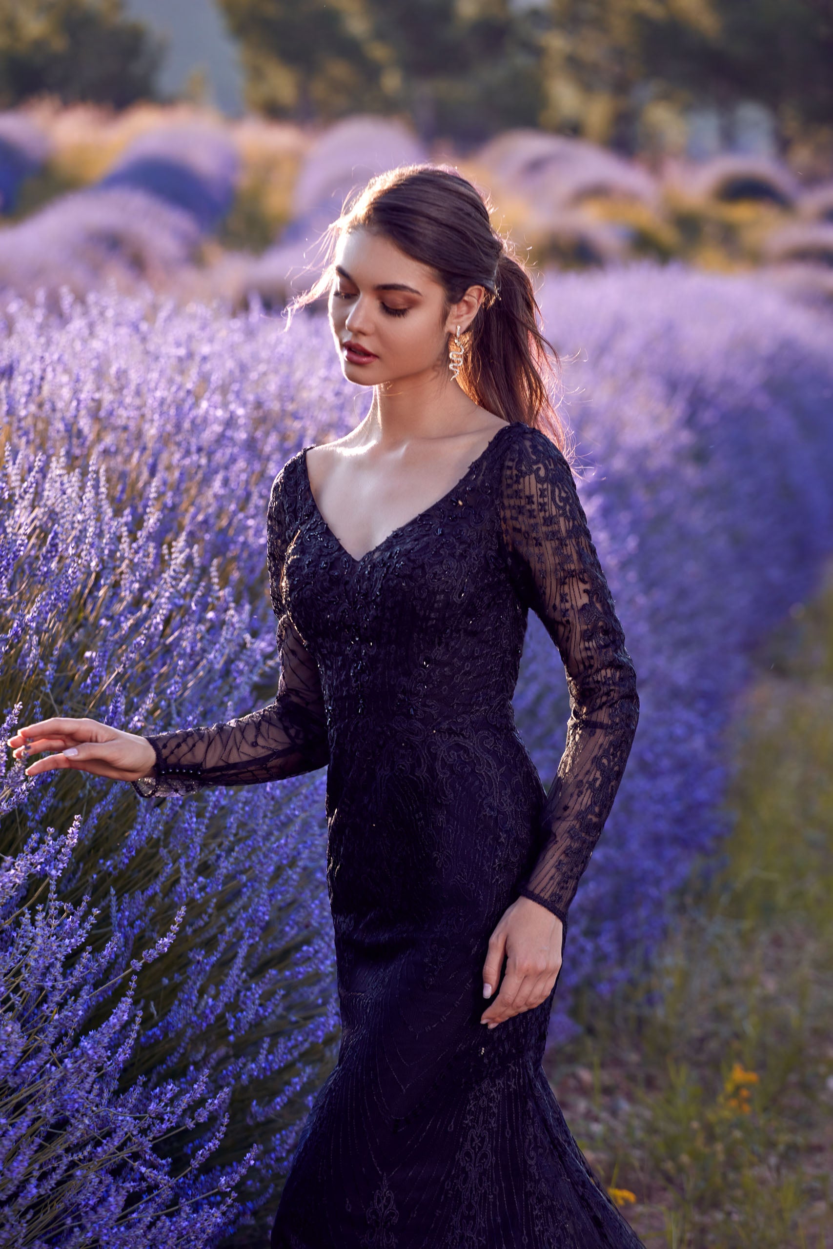 Black lace midi dress with scalloped hem for date night