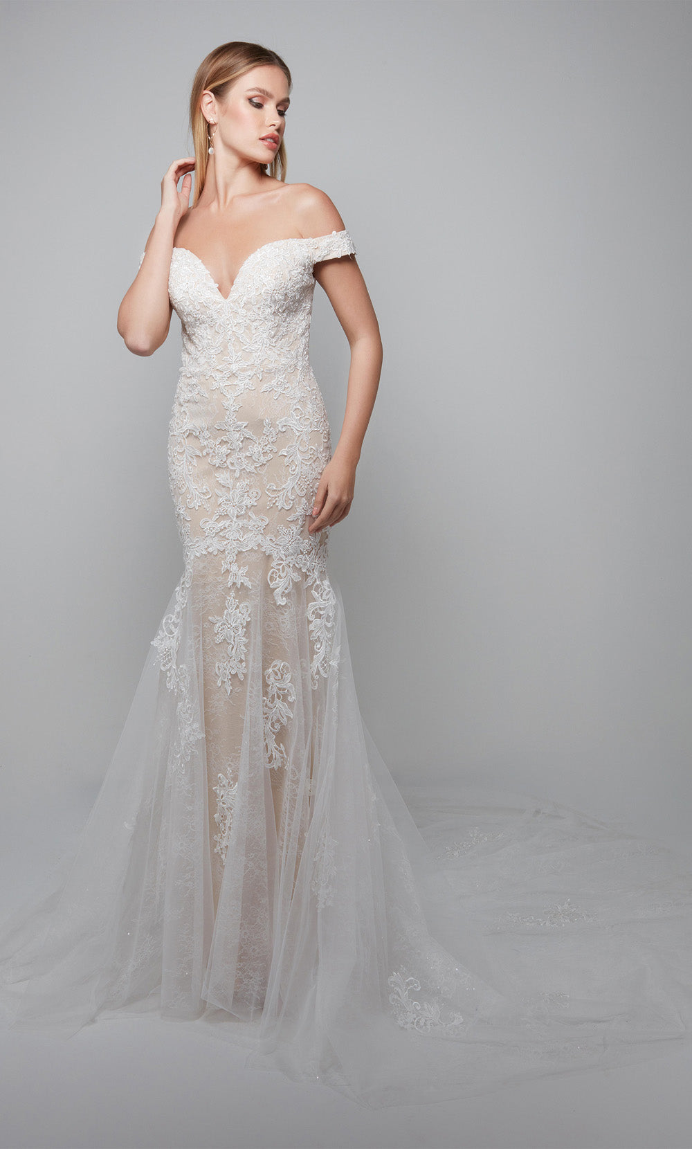 Alyce Paris 7086 Bridal Off the ombro elegante e elegante e flare vestido