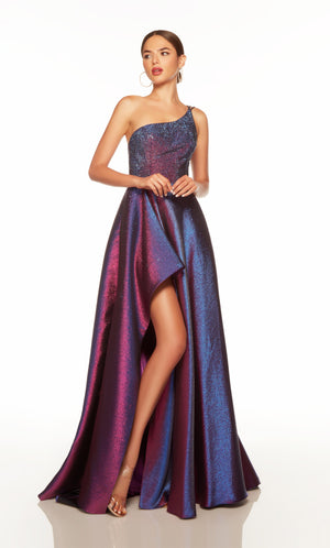 Sparkly prom dress with a one shoulder neckline and high slit in iridescent purple-blue.