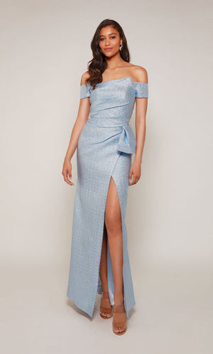 Metallic Jacquard, off the shoulder evening gown with pleated bodice and side slit in french blue.