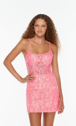 Sequin embellished neon pink homecoming dress with a sheer corset bodice and a scoop neckline. Color-SWATCH_4534__NEON-PINK