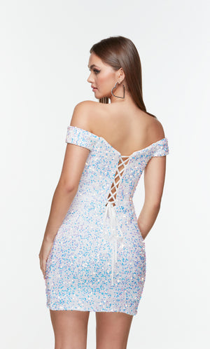 White off the shoulder homecoming dress with a lace up back and embellished with iridescent sequins.