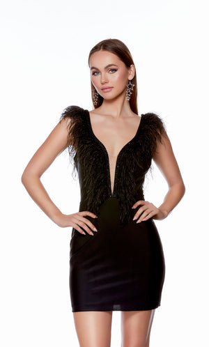 An elegant, short homecoming dress in classic black. The dress features a plunging neckline and a scooped open back trimmed with black stones and feathers. 