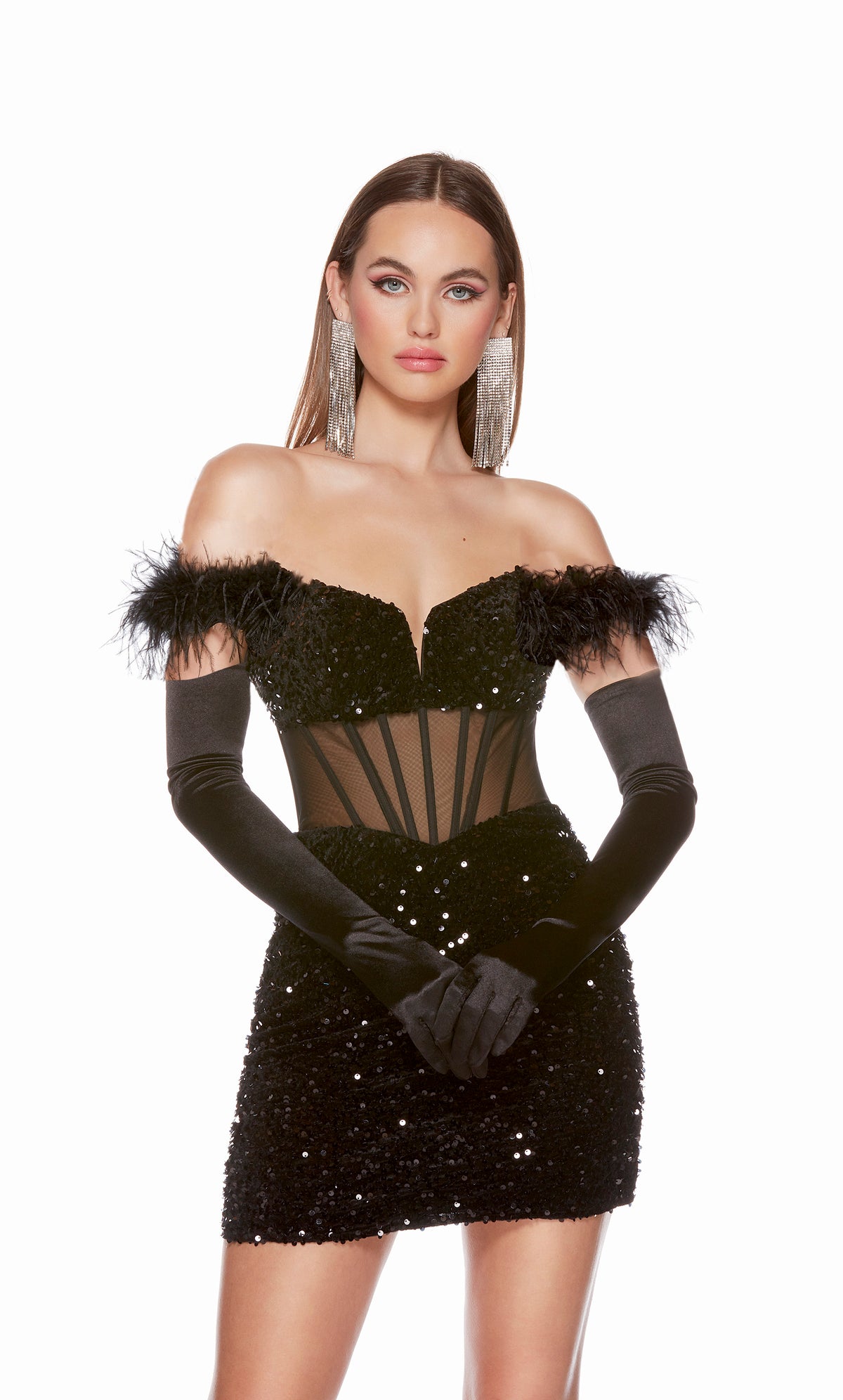 A glamorous, off-the-shoulder, sequin cocktail dress with feather trim, a sheer corset top, and a fitted silhouette in black. The dress was accessorized with long black satin gloves which are not included with dress purchase.