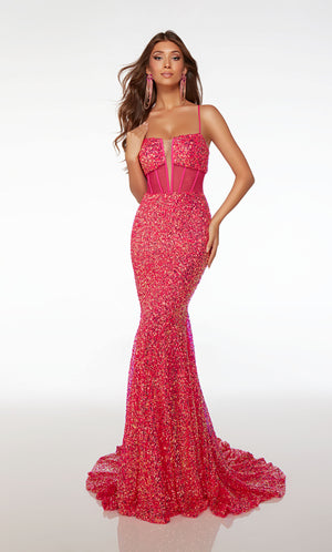 Dazzling pink sequin mermaid dress with an square plunging neckline, sheer corset top, crisscross lace-up back, and an gracefully long train.