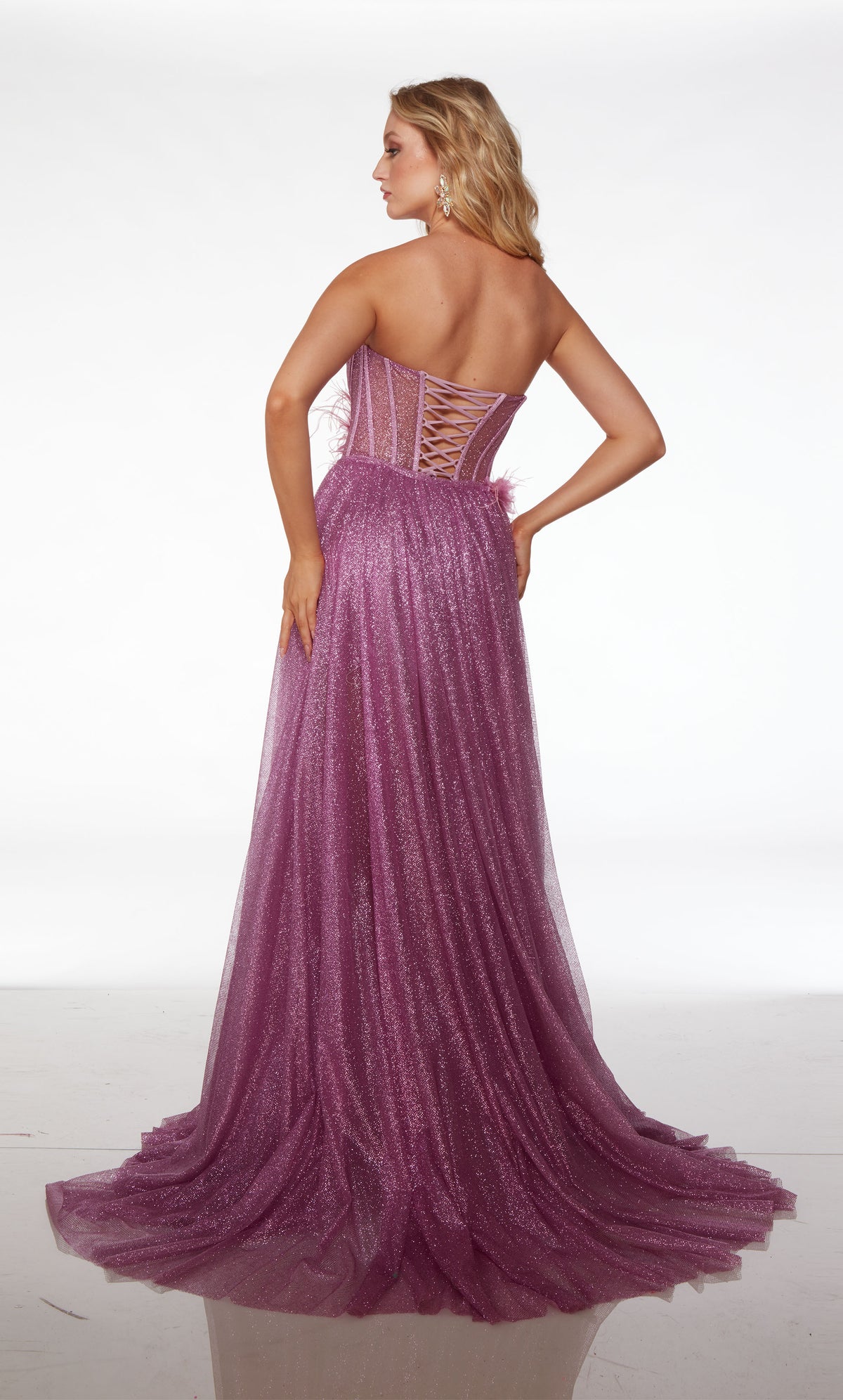 Purple prom dress: strapless corset, lace-up back, short hemline, long detachable skirt with 3D flower accents at the waist.