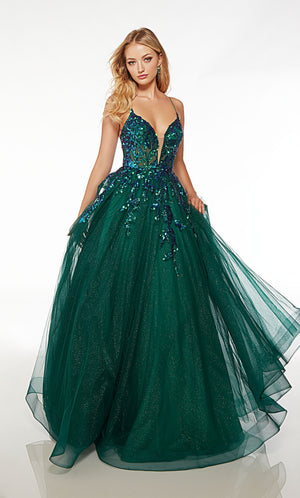 Emerald green glitter tulle ball gown: plunging neckline, sheer bodice, lace-up back, train, sequin embellishment in an floral design—stunning and elegant.