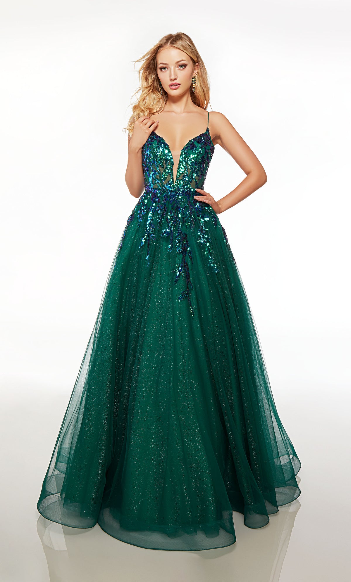 Emerald green glitter tulle ball gown: plunging neckline, sheer bodice, lace-up back, train, sequin embellishment in an floral design—stunning and elegant.