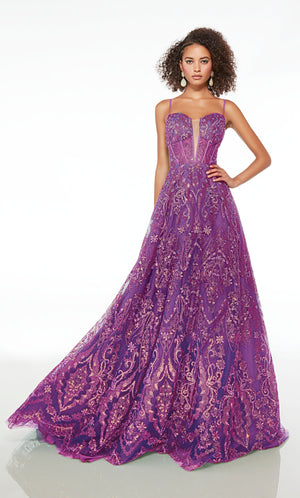 Purple prom dress: plunging neckline, corset top, spaghetti straps, A-line skirt, lace-up back, train, glitter embellishments—unique and captivating.