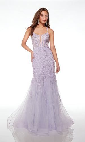 Charming ice lilac mermaid gown: intricate beaded floral lace appliques, sheer corset bodice, dual straps, lace-up back, and layered train for an captivating look.