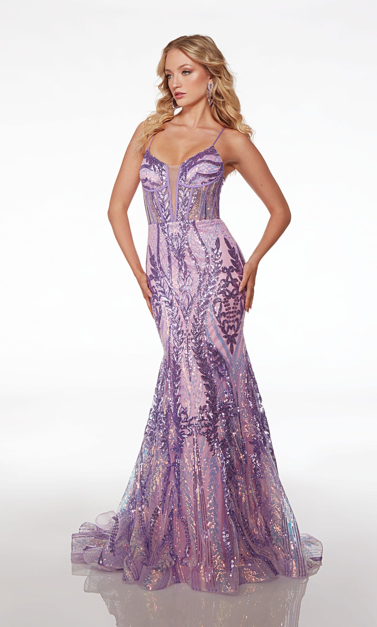 Elegant lilac-pink iridescent sequin formal dress: plunging neckline, corset top, fit-and-flare silhouette, crisscross lace-up back, and trailing train.