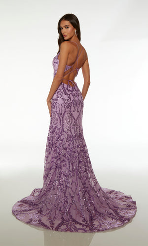 Purple mermaid dress featuring an plunging V neckline, crisscross lace-up back, long train, and paisley-patterned sequin design for an captivating look.