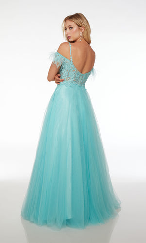 Delightful light blue glitter tulle corset ball gown with sheer floral lace bodice, detachable feather straps, and an convenient zip-up back.