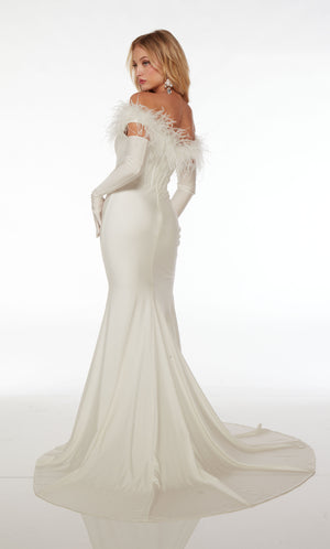 Hollywood glam white mermaid dress, feather neckline, matching long gloves for timeless elegance.