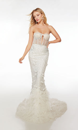 Strapless white-silver formal gown: sweetheart neckline, corset bodice, keyhole detail, mermaid silhouette, adorned with 3D flowers in glitter tulle fabric.