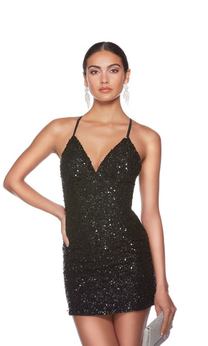 Cute black sequin mini dress with adjustable crisscross back straps - perfect for homecoming or any other semi-formal event!