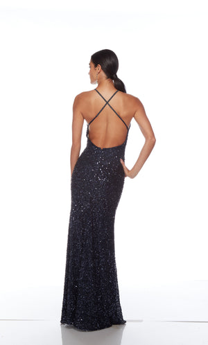 Blue sequin gown with an V neckline, slit, and crisscross adjustable strap back for an elegant and alluring look.