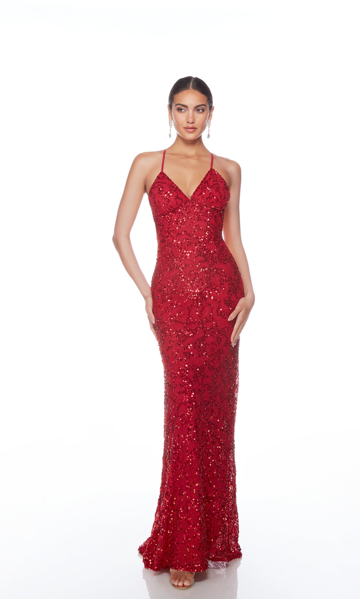 Elegant red formal gown: Hand-beaded, V neckline, spaghetti straps, strappy back, and intricate design plus fringe accents for an chic and sophisticated look.